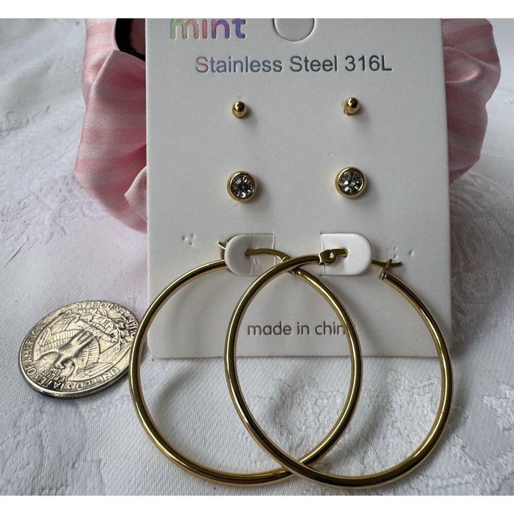 Mint Stainless Steel 316L 3 Pack Gold Tone Studs & Round 1.5" Hoop Earrings NEW